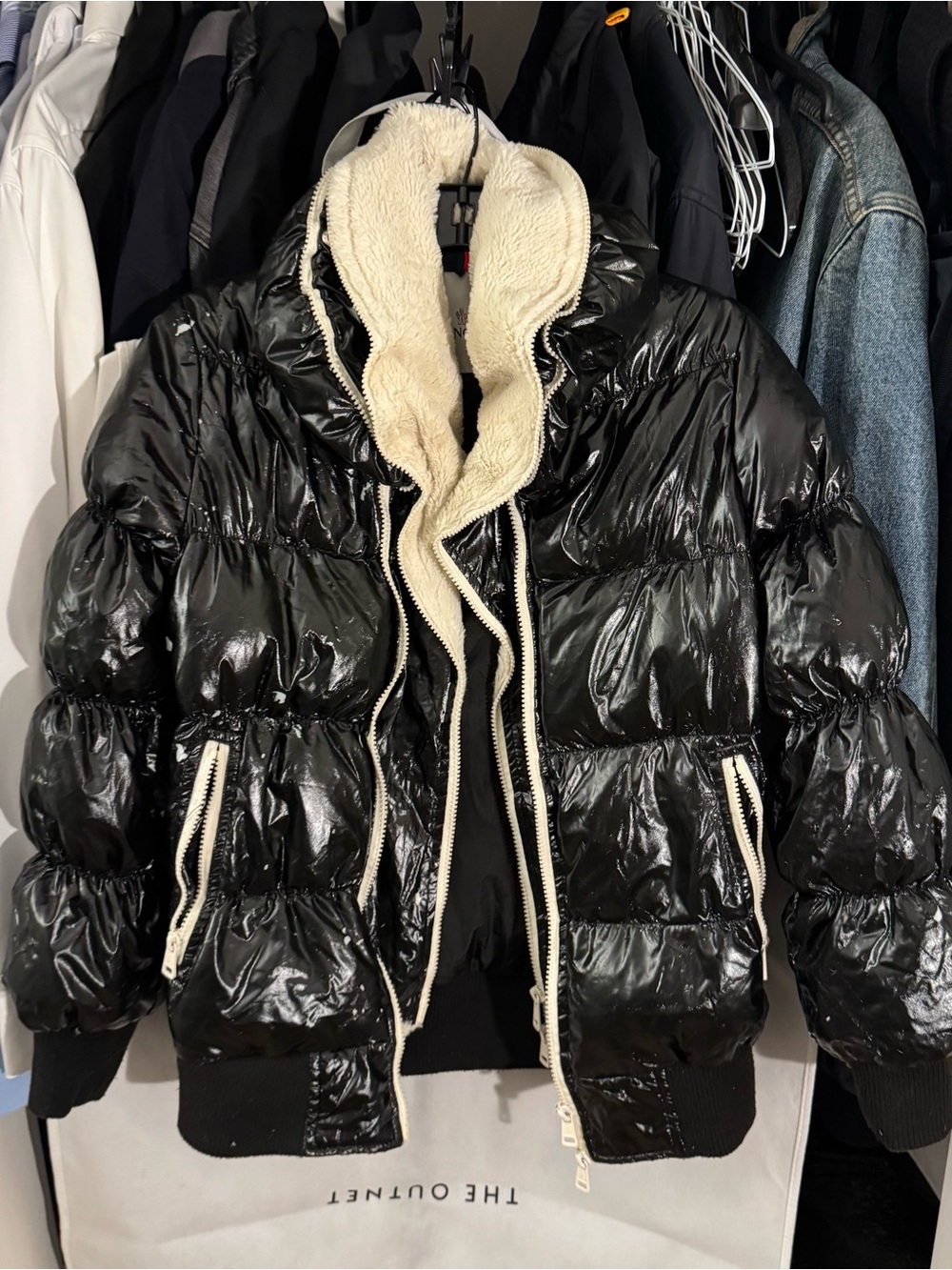 Moncler Black Glossy Puffer Jacket with Cream Sherpa Trim